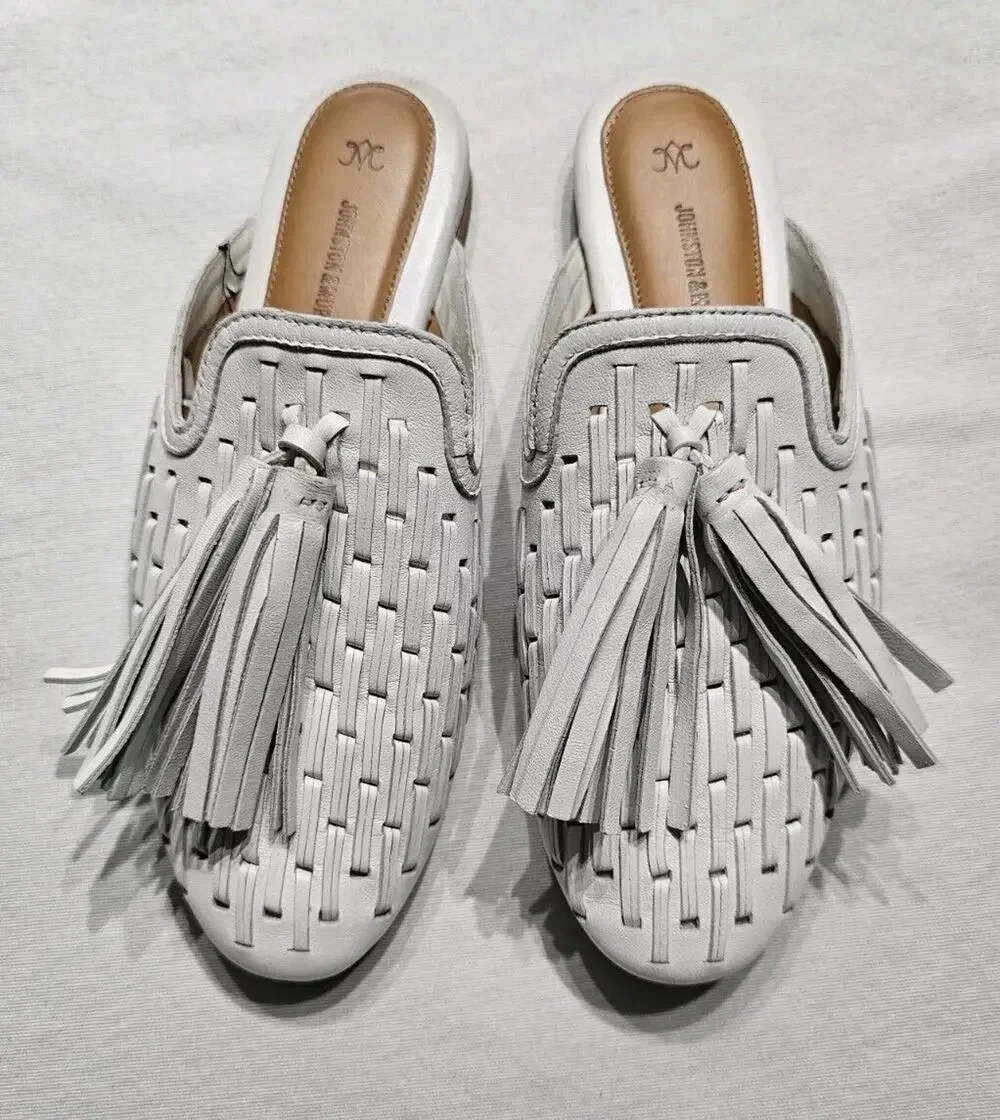 Johnston & Murphy Belle Womens Shoe 7 M White Woven Leather Mule Tassel